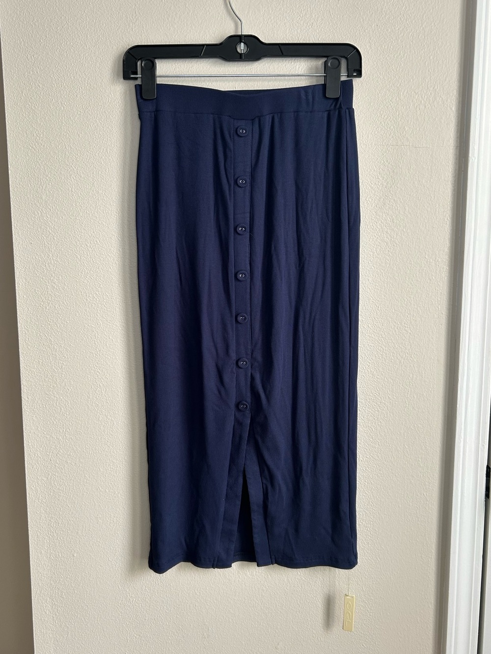 NWT OGL Navy Blue Ribbed Button Front Midi Maxi Skirt Slit Elastic Waist Size M